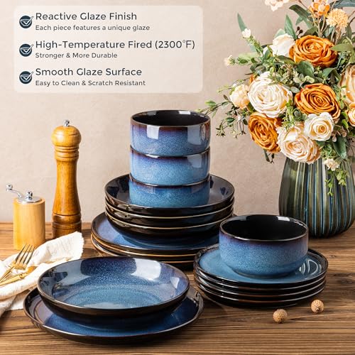 Image of LERATIO Ceramic Dinnerware Sets for 4,16-Piece Reactive Glaze Plates and Bowls Set with Mugs,Highly Chip and Crack Resistant | Dishwasher,Microwave & Oven Safe Dishes set-Blue