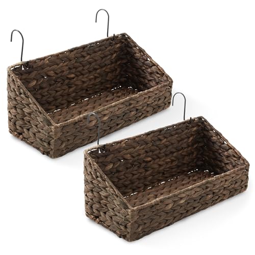 Casafield Set of 2 Hanging Baskets with Hooks - Espresso, Hyacinth Woven Wall Mounted Storage Bins for Kitchen, Bathroom, Laundry Room, Home Office