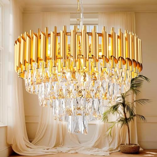 MSSIAN Gold Modern Crystal Chandeliers 4-Tier K9 Round Crystal Light Fixture Small Gold Chandeliers Ceiling Light Fixture for Dining Room Living Room Bedroom Entryway E14*7Light