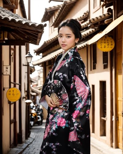 PLULON 5 Pcs Japanese Kimono Robe Geisha Yukata Dress Peacock Blossom Satin Bathrobe with Accessories for Women2