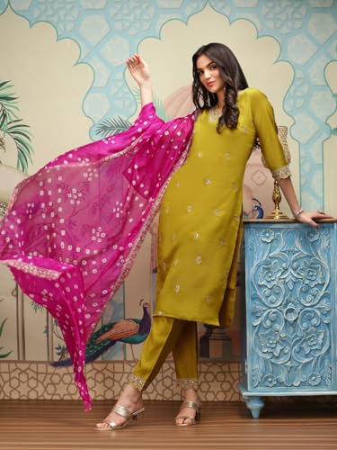 Image of ishin Yellow Floral Embroidered Thread Work Straight Kurta With Trousers & With Dupatta | Kurta set for women | Kurta with trousers and dupatta