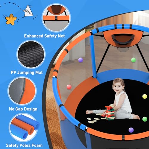 Trampoline for Kids 600LBS 4.5FT 5FT 5.5FT Toddler Indoor Outdoor with Safety Net, Swing, Adjustable Bar, 54'' 66'' Mini Small Trampoline with Basketball Hoop