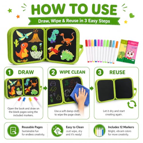 Image of FINEMOE Erasable Doodle Book for Kids, Reusable Drawing Coloring Book with Watercolor Sketch Pens and Wipes, Mess Free Painting, Travel Toy, Magic Slate for Kids 2-14 Years (Blue Dinosaurs)