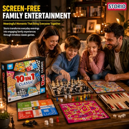 Image of Storio 10-in-1 Classic Board Games for Kids 5+ Years | Chess, Ludo, Snakes & Ladders, Checkers, Backgammon & More | Family Board Game Set with Dice & Pawns | Educational Indoor Game for Boys & Girls