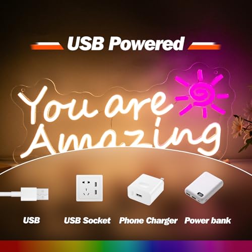 Image of Goneons You Are Amazing Neon Sign for Wall Decor,Dimmable USB Powered Warm White LED Neon Light for Bedroom Classroom Bar Pub Club Party Birthday Gift(15.75 inch*6.3 inch)