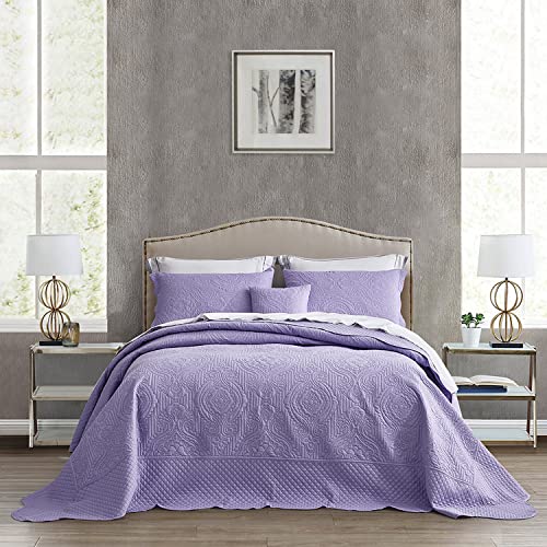 Image of HZ & HY Oversized Alaskan King Bedspread 138x122 Extra Wide, Embossed Damask Quilt Set, Lightweight Reversible Coverlet, Scalloped Edge - Soft Romantic Look, 5 Piece, Purple Lavender