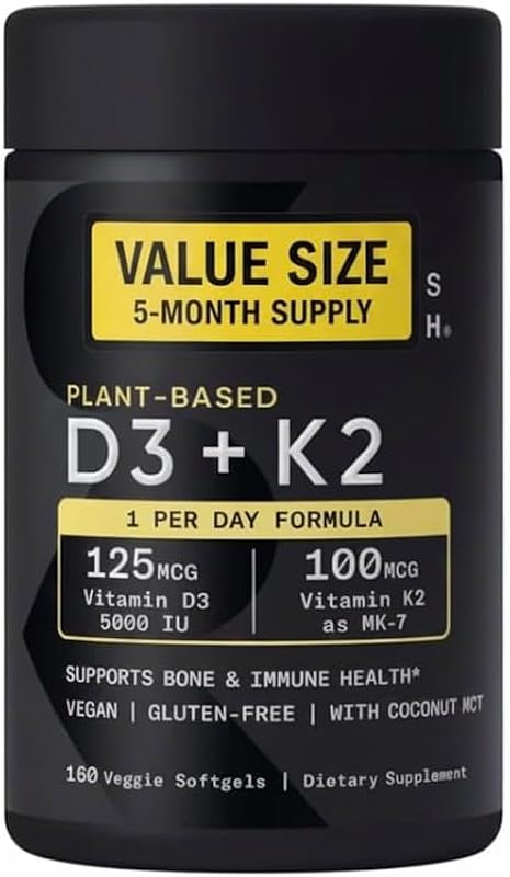 Sports Vitamin D3 K2 with 5000iu of Plant-Based D3 & 100mcg of Vitamin K2 as MK-7, Non-GMO Verified & Vegan Certified - 160 Liquid Softgels - Pack1