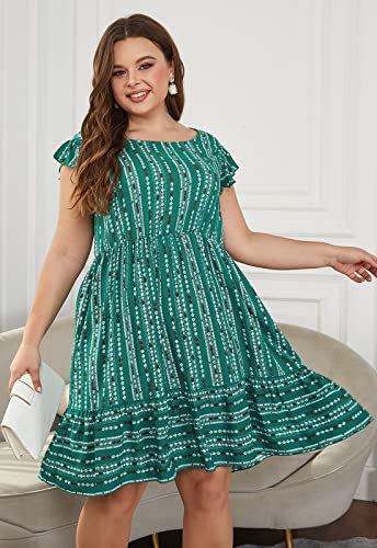 Image of Keluummi Plus Size Midi Dress for Curvy Women Wedding Guest Summer Floral Empire Waist Short Sleeve with Pockets