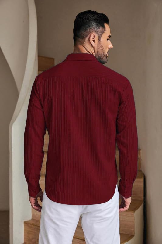 Image of Amazon Brand - INKAST Men's Casual Button Down Shirts Long Sleeve Linen Shirt Fashion Textured Beach Summer Shirt Red (in, Alpha, M, Regular, RED)