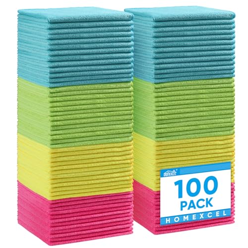 HOMEXCEL Microfiber Cleaning Cloth,100 Pack Cleaning Rags, Cleaning Towels with 4 Color Assorted, 11.5"X11.5" Shop Towels (Green/Blue/Yellow/Pink)