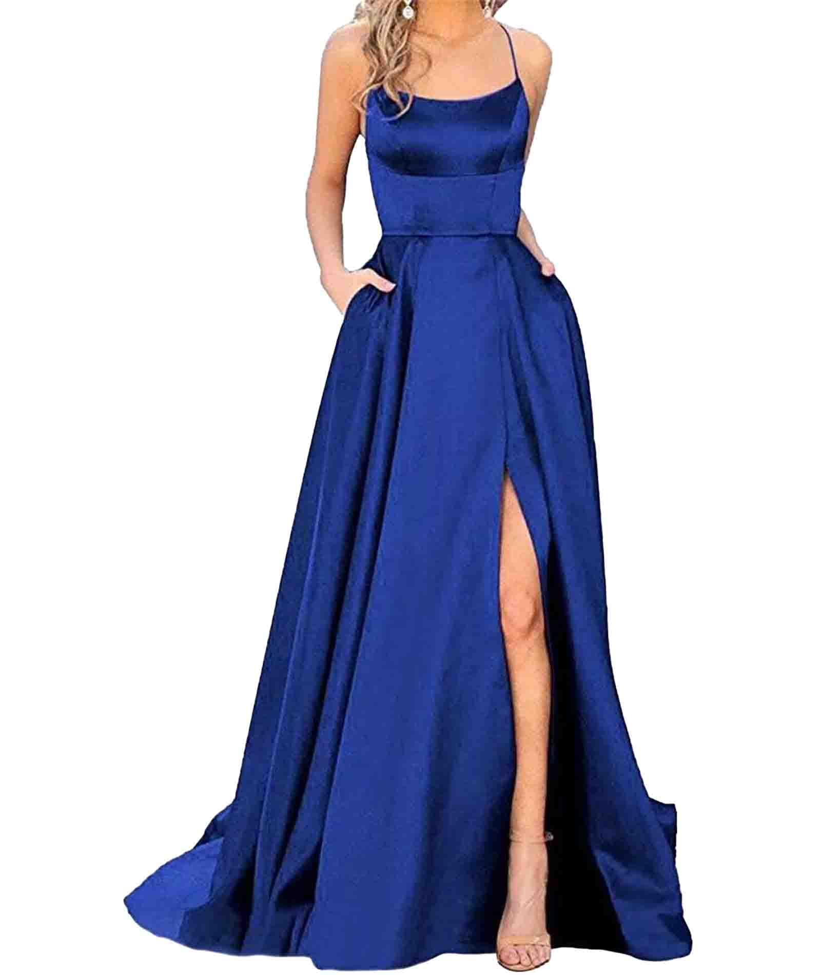 xxxiticat Vestido largo para mujer, elegante, con bolsillos, de satén, línea A, sin espalda, vestido de noche, vestido de noche, sexy, espagueti, vestido de novia, vestido largo de princesa de dama de