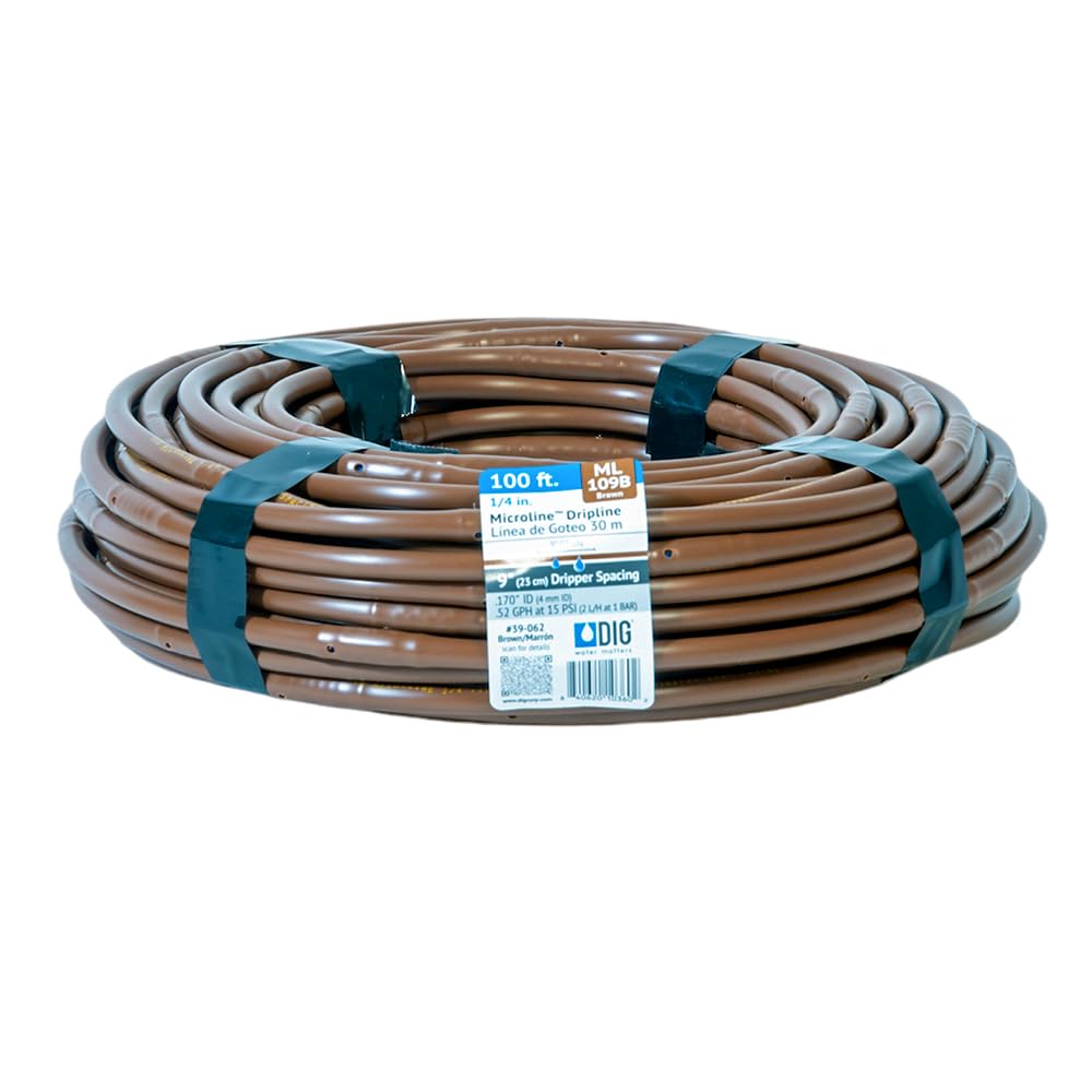 DIG ML-109B ¼” 100’ MICROLINE™ Dripline, 9” Dual Outlet Emitter Spacing, UV-Resistant Tubing for Efficient Irrigation | Ideal for Raised Beds, Gardens | Flexible, Durable, Easy Installation (Brown)