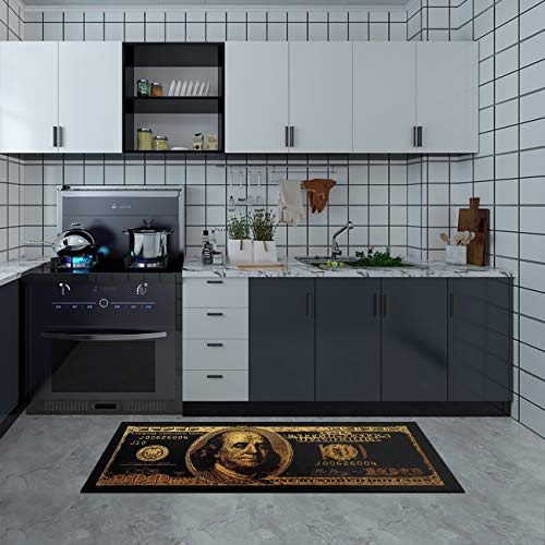 Black Gold Rugs 100 Dollar Bill Area Runner Money Rugs Nonslip Rubber Backed Laundry Room Rug Runner Floor Mat For Living Room Dining Room Washroom Bathroom Mudroom Kitchen Doormat Hallway 24"X60" #TOP1