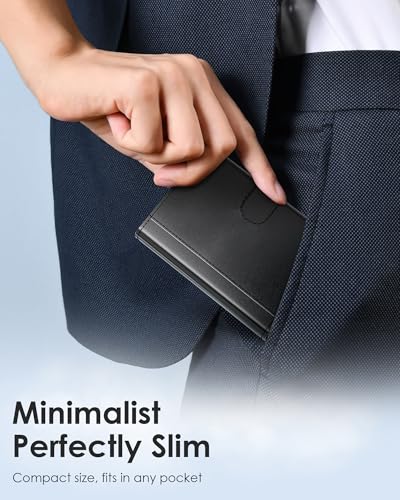 Image of QLD Minimalist Wallet for Men - RFID Blocking [Smart & Practical] Trifold Slim Card Holder Pop Up Wallets Metal Case for Front Pocket with Cash Slot, ID Window, Magnetic Closure