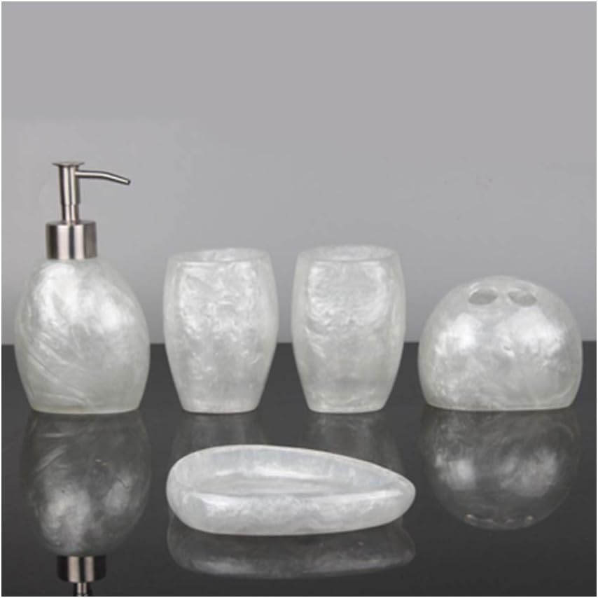 Modern Style Bathroom Accessories Set Resin Bath Ensemble Includes Toothbrush Holder, 2 Tumblers, Liquid Soap Dispenser, Soap Dish, Snowy Pearl White,Without Tray