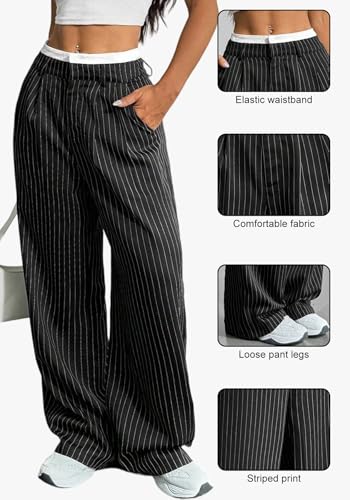 LKOUS Dress Pants Women High Waist,Casual Work Wide Leg Pant Striped Straight Trousers with Pockets4