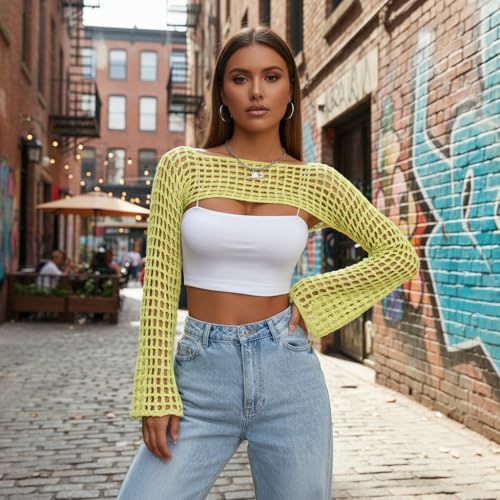 Image of Womens Crochet Shrug Y2K Hollow Out Bolero Shrug See Through Cropped Knit Sweater Top