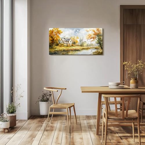 SERIMINO Rustic Landscape Large Wall Art, Forest Lake Cottage Painting Art Prints, Countryside Autumn Scenery Home Decor Artwork, Nature Canvas Wall Pictures for Living Room Bedroom Farmhouse 20"X40"