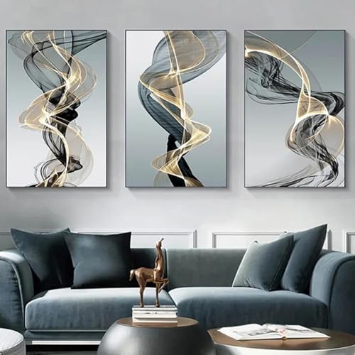 Peinture sur toile abstraite moderne lignes noires jaunes BIEMBI déco salon triptyque 20x30