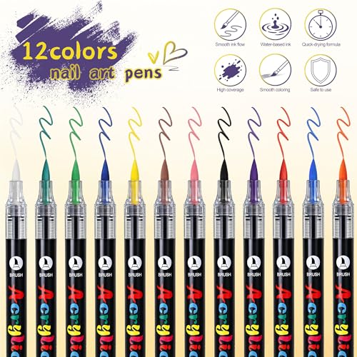 Image of Artdone 12 Colors Nail Art Pens Set, 3D Quick-Drying Acrylic Paint Markers Nail Point Graffiti Dotting Drawing Liner Brush for DIY Gel Nail Polish Design Manicure Tools