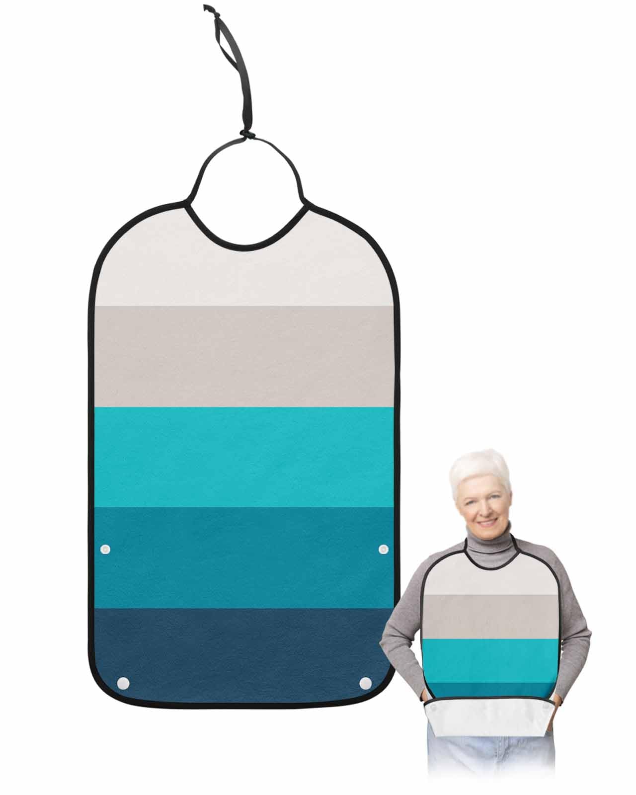 LEOKOTI Blue Aqua Ombre Adult Bibs for Eating, Waterproof Bibs with Food Catcher & Adjustable Snap Closure, Modern Abstract Art Farmhouse Striped Washable Clothing Protectors Adult Bibs for Elderly