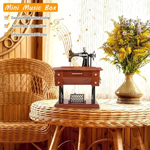 Image of AUGEN Exclusive Music Box Musical 360 rotatable Carousel Children's Wooden Men and Women Birthday Creative Christmas Valentine's Day Gift Home Decoration (Sewing Machine)