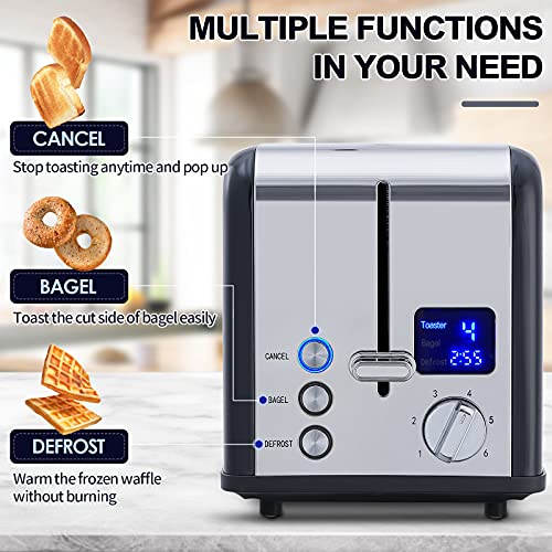 Toaster 2 Slice, Cusimax Stainless Steel Toaster With Large Led Display, Bread Toaster 1.5'' Extra-Wide Slots With 6 Browning Settings, Cancel/Bagel/Defrost Function, Removable Crumb Tray, Black #TOP5