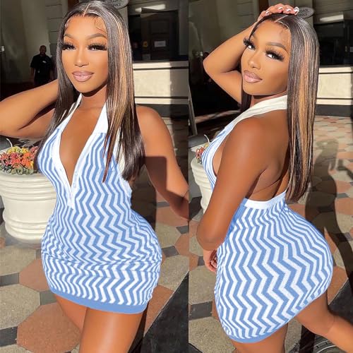 Ryehack Women’s Summer Halter Dress Backless Sundress Striped V Neck Bodycon Mini Beach Dress Y2k Sexy Casual Tank Dress4
