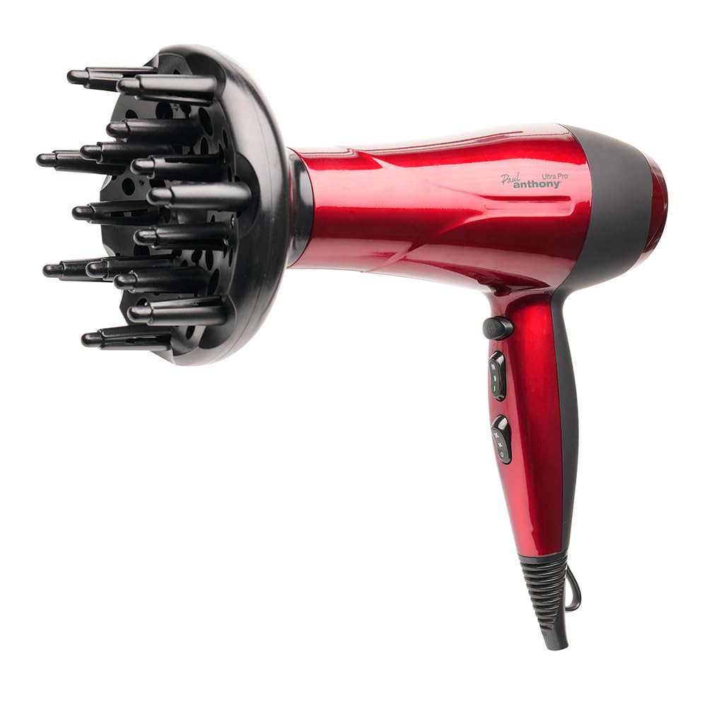 Paul Anthony Ultra Pro 2200W Hair Dryer / 3 Heat Settings / 2 Speed Settings/Cool Shot/Concentrator Nozzle/Diffuser/Hang Up Loop/Safety Cut-Off - Hot Red - H1520RD