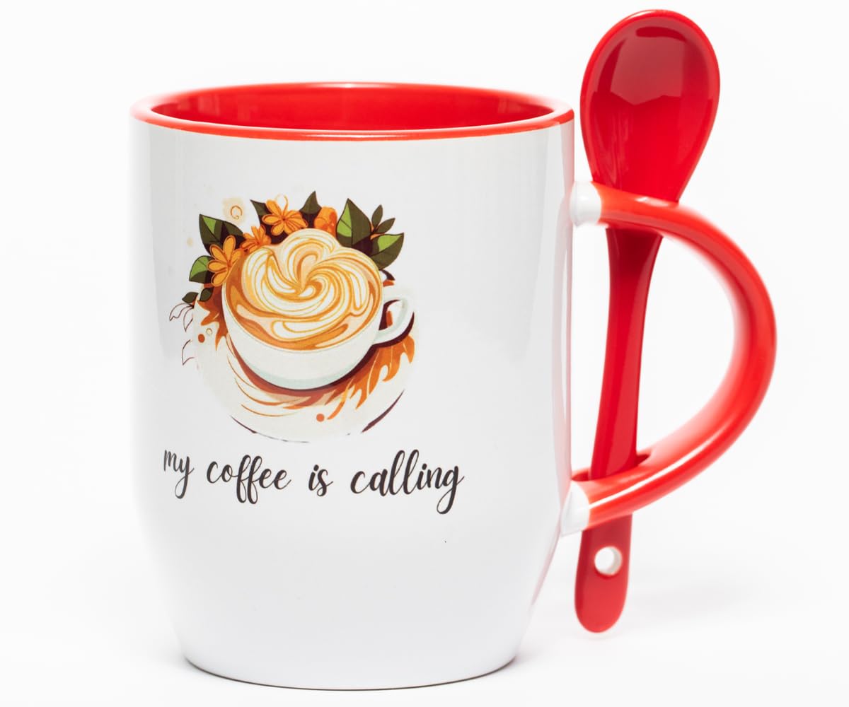 Coffee Cup with Spoon Ceramic Mug for Tea and Coffee My Coffee is Calling