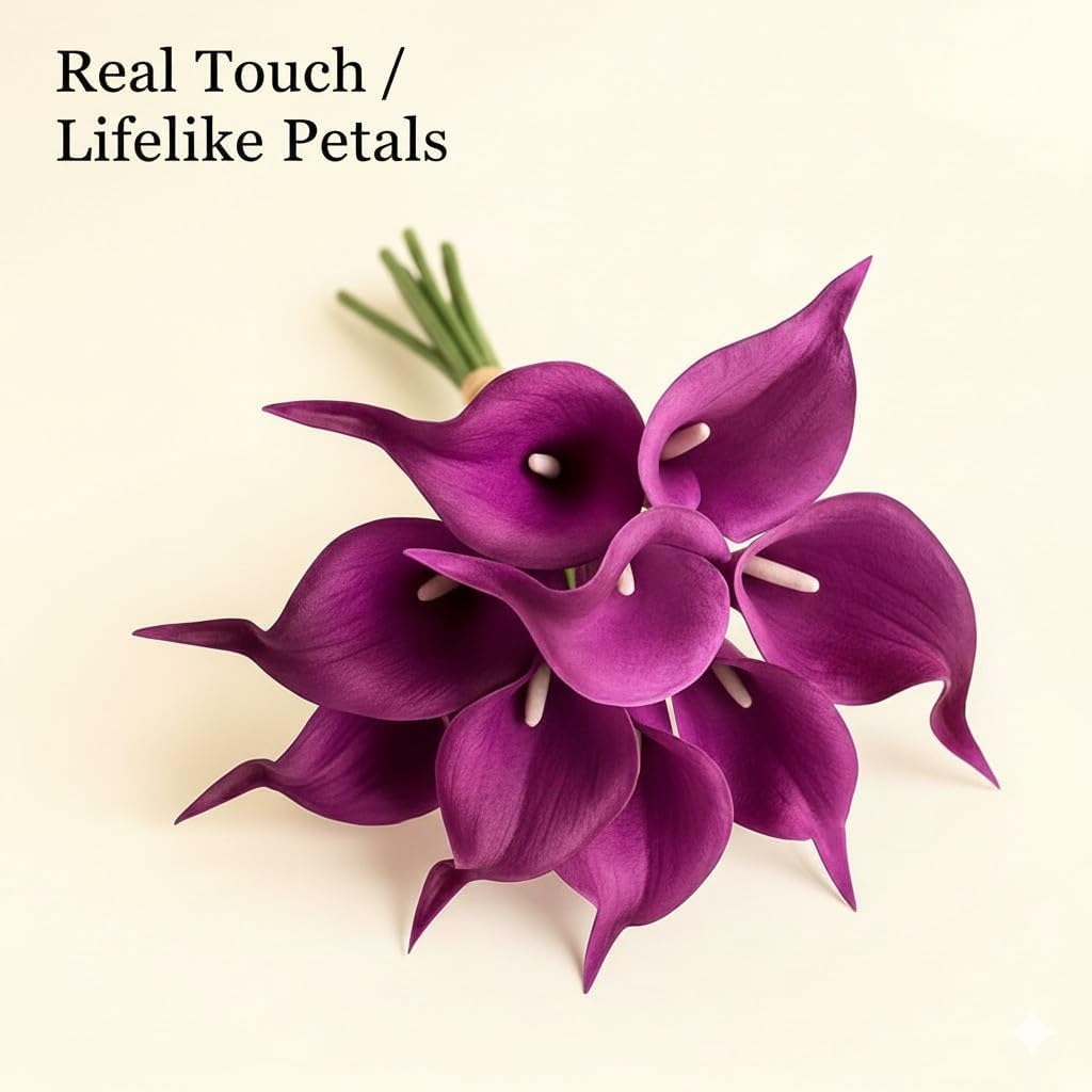 Floral Kingdom 20 Pack 14" Calla Lily Artificial Flowers – Real Touch Royal Purple Latex Flowers for Home Decor Tabletop Centerpieces Living Room & Weddings