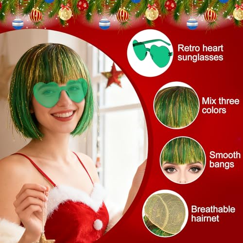 Image of PLULON Green-Red-Gold Bob Wig with Bangs for Women Men, Colorful Short Funny Bob Wigs with Heart Sunglasses and Hair Cap Colored Cosplay Hairpieces for Christmas Halloween Costume Neon Party