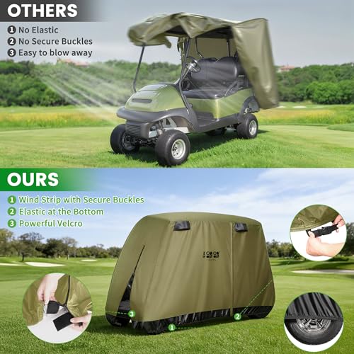 Image of 10L0L Golf Cart Cover 2 /4 /4+2 Passenger for Yamaha EZGO Club Car, Heavy Duty 420D Waterproof Windproof Durable Oxford Golf Cart Cover with 3 Zipper Doors for All-Weather Protection - Army Green