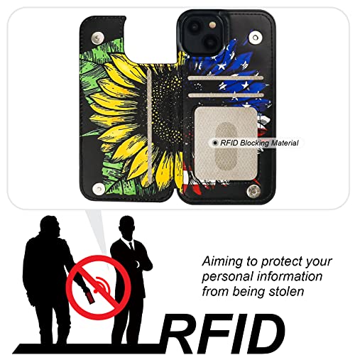 Image of HAOPINSH for iPhone 13 Case Wallet with Card Holder, American Flag Sunflowers Pattern Back Flip Folio PU Leather Kickstand Card Slots Case for Women Girls, Double Magnetic Clasp Cover 6.1 inch