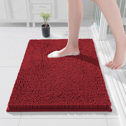 COMPOLICY Tapis de bain 50 x 80 cm chenille bordeaux antidérapant et élégant - Grand tapis de bain lavable et absorbant - Séchage rapide - Pour salle de...