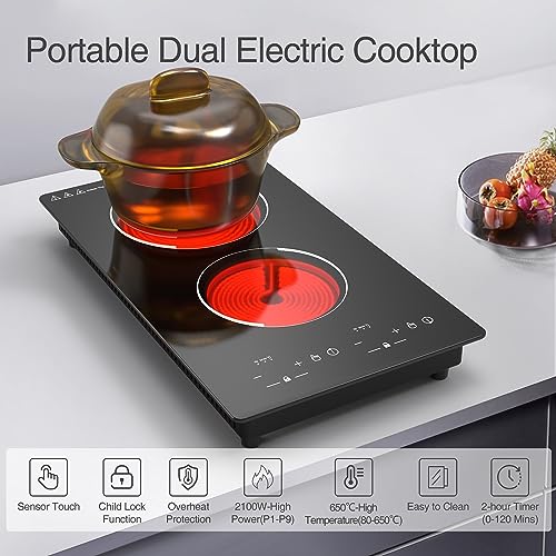 Vbgk 2 BURNER ELECTRIC COOKTOP Electric Cooktop, 12 Inch Built-In Radiant Electric Stove Top, 110V 2100W Electric Stove With 2 Burners, 9 Heating Level, Timer & Kid Safety Lock, Sensor Touch Control Double Induction Cooktop thumb #8
