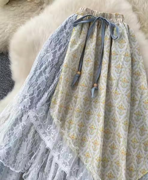 Boho Midi Skirt for Women - High Waisted A-Line Summer Skirt with Lace Trim & Ruffled Hem, Flowy Loose Fit2