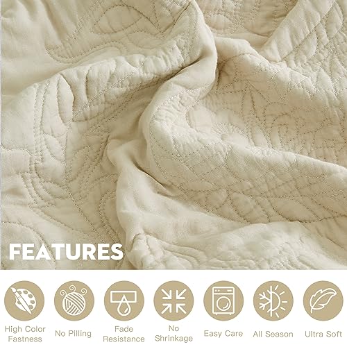 Image of Oversized Alaskan King Bedspread 138x122 Extra Wide, Stitched Paisley Cotton Quilt Set, Lightweight Reversible Coverlet, Scalloped Edge - Warm Natural Look, 5 Piece, Khaki
