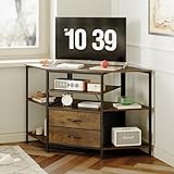 Welfuturer Corner TV Stand for 55 Inch TV, Farmhouse Entertainment Center with 2 Drawers Storage, Corner TV Console with Power Outlet, Retro Brown Media Console for Living Room, Brown