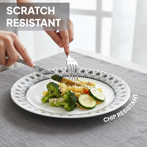 Image of CELLO Damask Imperial Plus Series Opalware Dinner Set of 33 Pieces For Family of 6 | Bone-Ash Free & Leadfree Opal Glass Microwave & Dishwasher Safe Crockery Plates & Bowls Set For Daily Use & Gifting