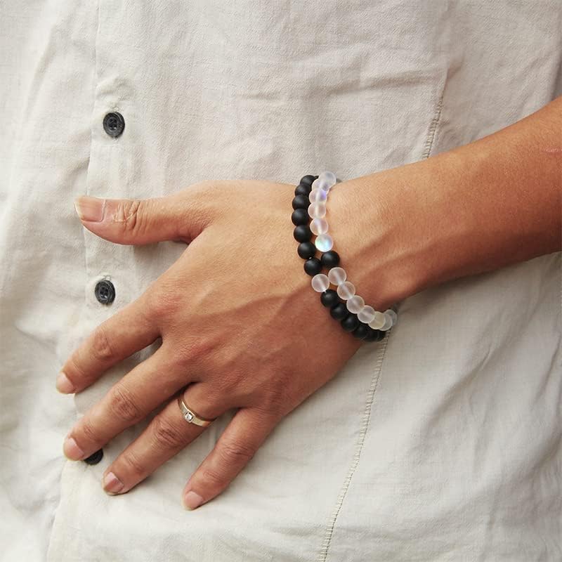 Image of MEENAZ Bracelet for Women Men boys Fashion White Black Beads Bracelets Couple Bracelets Strechable Adjustable Jewellery Birthday Gift Anniversary Wife Husband Stone Couples Combo Best Friend black 362