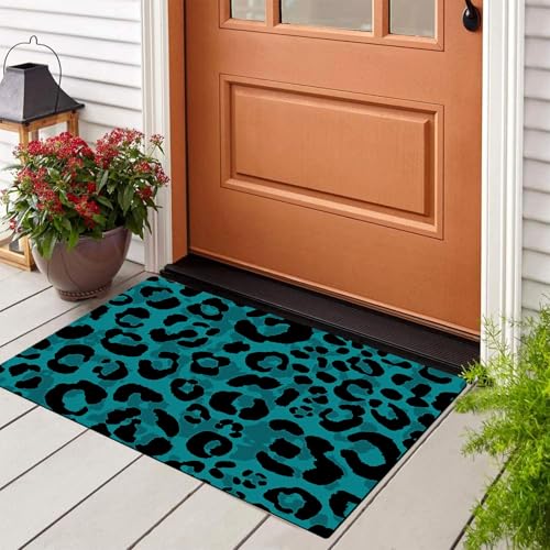 Tapis d'entrée intérieur léopard turquoise 80x120 cm lavable