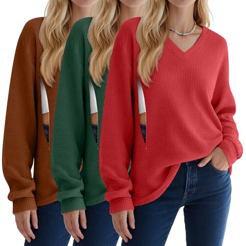 Image of Sweetyweee 3 Pack Women's Oversized Nursing Tops Waffle Knit V Neck Breastfeeding Long Sleeve Shirts Hidden Zipper Sweatshirt