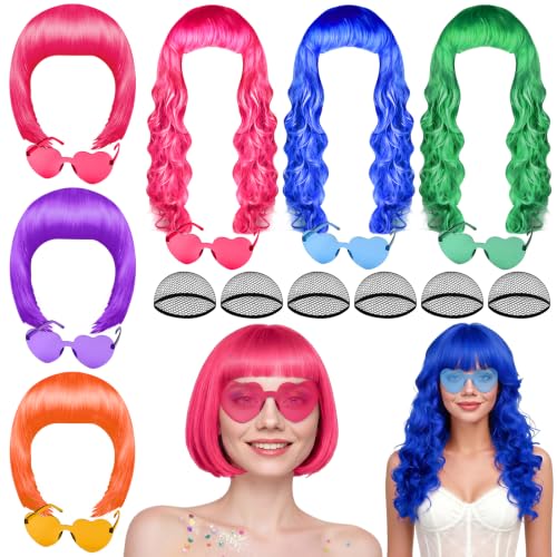 PLULON 18 Pcs Short Bob Wigs Long Curly Hair with Heart Sunglasses and Hair Cap for Women Neon Wig Colored Fun Cosplay Hairpieces for Women Men Daily Bachelorette Halloween Costume Party Decorations