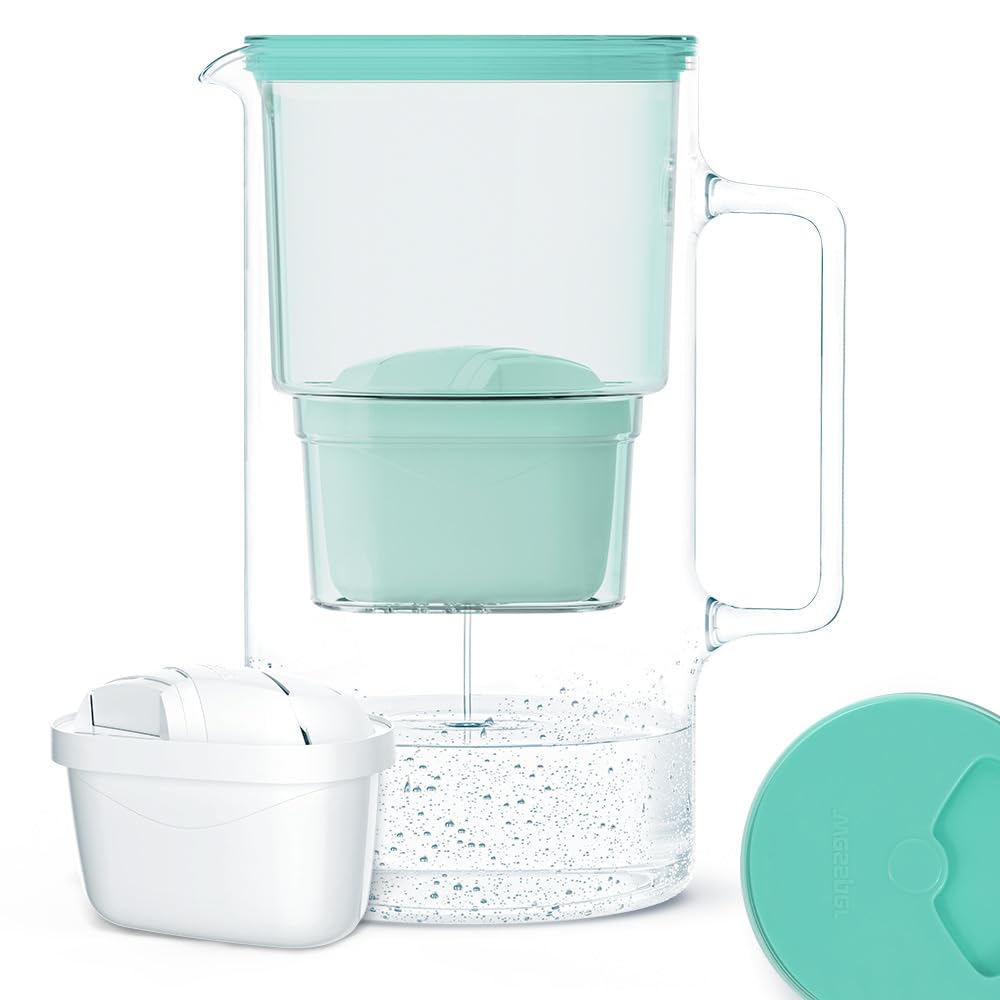 WessperGlass Water Filter Jug + 1 Water Filter Cartridge | Replacement for Dafi Unimax Aquaphor A5 BRITA Maxtra+ Philips AWP212/10 Filter | 3 Litre | Mint