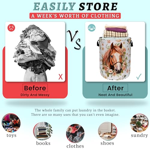 Watercolor Horse Laundry Basket Foldable With Handles Cute Animal Floral Tote Bag Oxford Cloth Colorful Laundry Hamper Clothes Toy Storage Bucket For Bathroom/Laundry/Bedroom 18.9" x 16.5 "