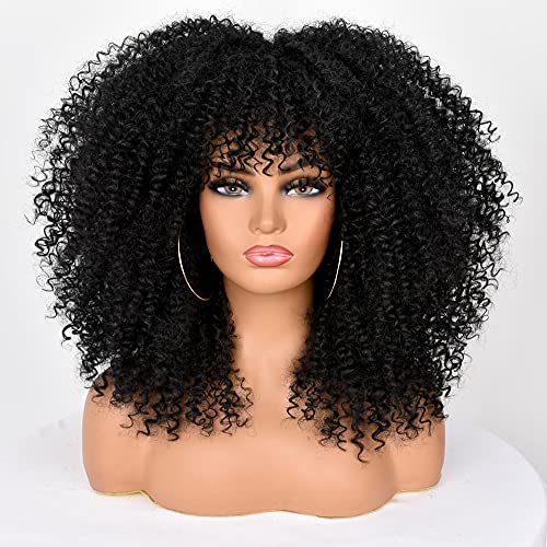 ANNIVIA 16inch Long Curly Wigs with Bangs for Black Women Afro Kinky Curly Hair Wig # 1