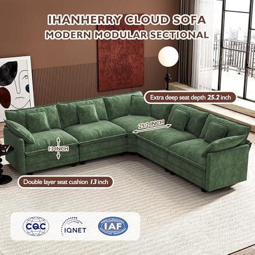 Image of Ihanherry 114 inch V-Shaped Modern Sofa Modular Sectional Cloud Couch with Corner Section, 5-Seat Chenille Deep Seat Sofa with 5 Pillows for Living Room, Bedroom and Apartment, Green