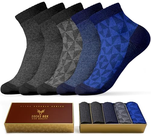 Image of Mens Ankle Socks, Premium Quality Bamboo Rayon Ankle Socks, Patterned, 5 Pairs, Gift Box, Size 8-13