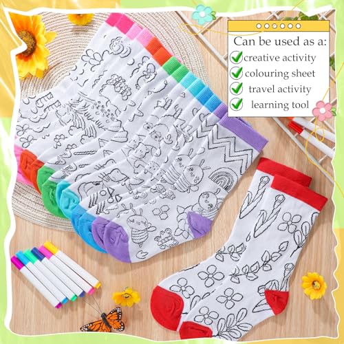 Glitopper Kids Doodle Socks, Color Your Own Socks 8 Pairs and 8 Fabric Pen for Coloring, Kid Drawing DIY Crafts Art Gifts (S)3